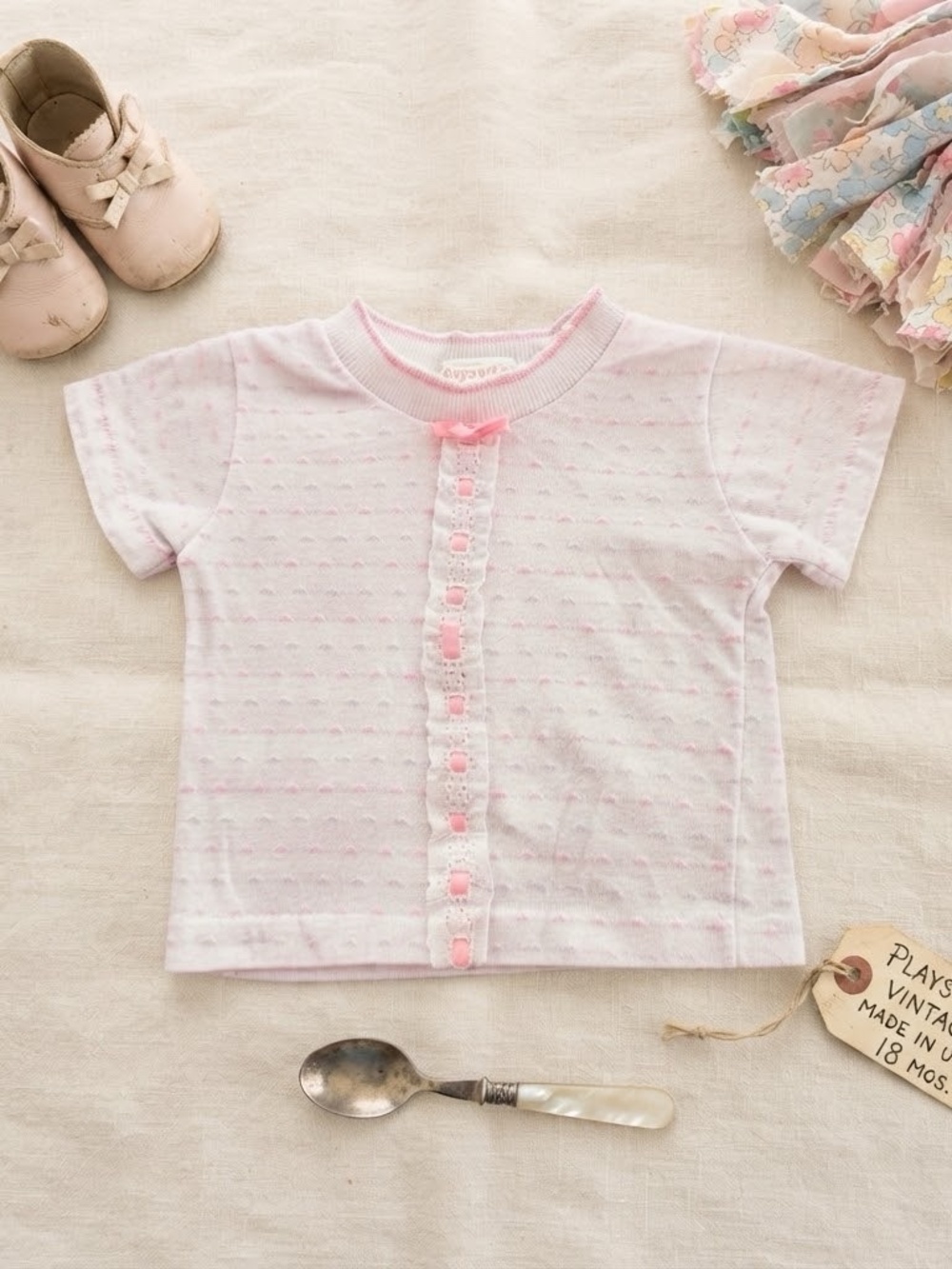 Vintage Playstuff Baby Girl Knit Shirt – 18 Months – Made in USA – Pastel Ribbon